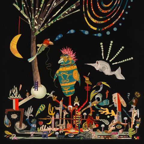 The album cover of Butcher Brown Presents Triple Trey (2022) by Butcher Brown bursts with surrealist creativity. Set against a deep black background, a vibrant collage unfolds: a large turquoise-and-gold patterned bird with a pink crest dominates the scene, while a skeletal fish floats above, and a tree with a crescent moon adds a dreamlike atmosphere. Below, an array of eclectic figures and symbols—mushrooms, DNA-like strands, geometric forms, abstract faces, and miniature structures—come together in a playful, cosmic mosaic. The design evokes psychedelia, jazz fusion, and Afrofuturism, echoing Butcher Brown’s experimental blend of hip-hop, funk, and jazz.