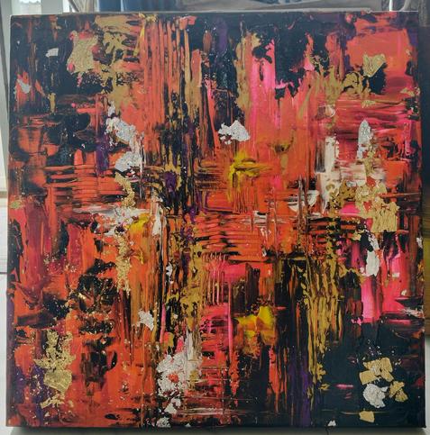 an abstract painting, it is light reds and gold and white and burgundy on a dark background