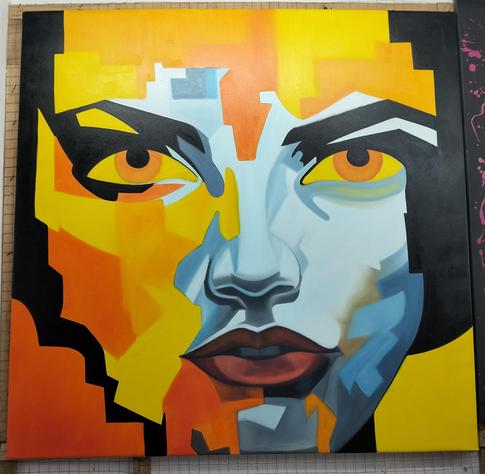 a painting of a face, looking at the viewer different shape - regions of it yellow and silver and light blue and white on her face, her eyes yellow, the background orange and yellow