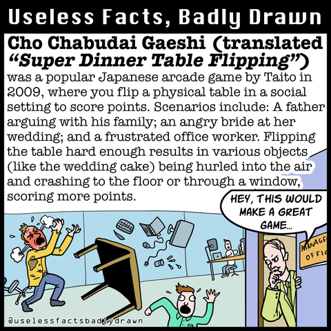 Cho Chabudai Gaeshi (translated
"Super Dinner Table Flipping") was a popular Japanese arcade game by Taito in 2009, where you flip a physical table in a social setting to score points. Scenarios include: A father arguing with his family; an angry bride at her wedding; and a frustrated office worker. Flipping the table hard enough results in various objects (like the wedding cake) being hurled into the air and crashing to the floor or through a window, scoring more points.