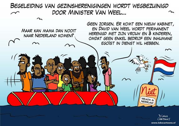 De cartoon toont een groep vluchtelingen op een overvolle rubberboot, duidelijk op weg naar Europa/Nederland. Een kind vraagt: “Maar kan mama dan nooit naar Nederland komen?” – een verwijzing naar gezinshereniging. Een man antwoordt cynisch dat minister Van Weel straks zelf wél permanent herenigd wordt met zijn gezin, omdat niemand zo’n “inhumane egoïst” in dienst wil hebben. Rechts staat een boei met een Nederlandse vlag en de tekst: “Niet welkom in Nederland.”

De boodschap is een scherpe kritiek op het beleid van bezuinigingen op gezinshereniging: terwijl vluchtelingen gescheiden raken van hun familie, blijft voor een minister zijn eigen gezinshereniging vanzelfsprekend. De tegenstelling legt hypocrisie en onmenselijkheid bloot. Het contrast tussen de kwetsbare vluchtelingen en de privileges van een machthebber benadrukt de satirische lading.