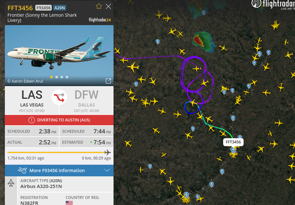 Frontier diverting from LAS to DFW, having done a thousand loops