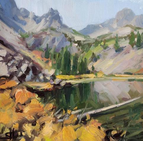Art print of an original oil painting depicting a quiet lake high in the mountains, surrounded by trees and foliage.