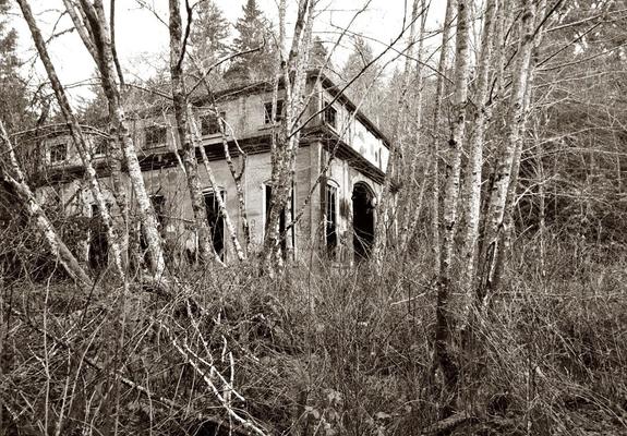 Sepia-toned image of an abandoned, two-story building overgrown with trees and brush; the building has multiple visible windows and an arched entryway.