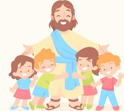 Artwork of a happy Jesus with arms stretched to children in front of Him