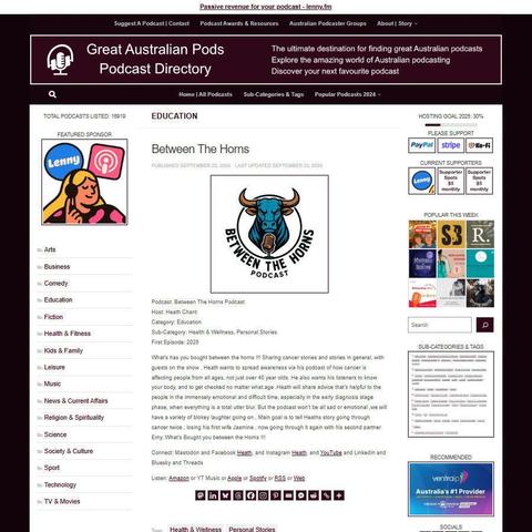 Between The Horns Podcast 
Screenshot of the podcast listing on the Great Australian Pods website