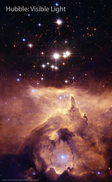 2025 September 23

Stars dot the frame that has a blue background. Covering the lower part of the image, and the far right, are brown and tan nebular structures. 

NGC 6357: Cathedral to Massive Stars
 * Image Credit: NASA, ESA, CSA, STScI, JWST 
 * Processing: Alyssa Pagan (STScI)
 * Rollover: NASA, ESA, HST, & J. M. Apellániz (IAA, Spain)  
 * Acknowledgement: D. De Martin (ESA/Hubble)

Explanation: 
How massive can a normal star be? Estimates made from distance, brightness and standard solar models had given one star in the open cluster Pismis 24 over 200 times the mass of our Sun, making it one of the most massive stars known. This star is the brightest object located in the central cavity near the bottom center of the featured image taken with the Webb Space Telescope in infrared light. For comparison, a rollover image from the Hubble Space Telescope is also featured in visible light. Close inspection of the images, however, has shown that Pismis 24-1 derives its brilliant luminosity not from a single star but from three at least. Component stars would still remain near 100 solar masses, making them among the more massive stars currently on record. Toward the bottom of the image, stars are still forming in the associated emission nebula NGC 6357. Appearing perhaps like a Gothic cathedral, energetic stars near the center appear to be breaking out and illuminating a spectacular cocoon. 

Authors & editors: Robert Nemiroff (MTU) & Jerry Bonnell (UMCP)