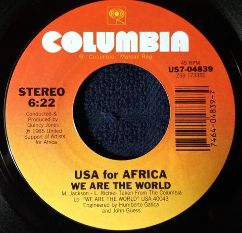 This is the 45 RPM vinyl single release of "We Are the World" by USA for Africa on Columbia Records in 1985.