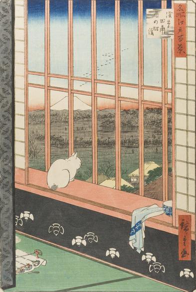 Woodblock print of a cat looking out the window.

Image thanks - https://ja.ukiyo-e.org/