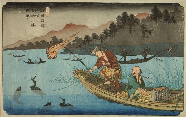 Woodblock print fishermen using cormorants to fish.

Image thanks - https://ja.ukiyo-e.org/