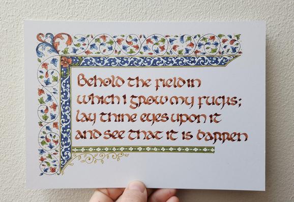 'Behold the field in which I grow my fucks; lay thine eyes upon it and see that it is barren' calligraphed in brown ink insular script and decorated with a border in blue, green, red, and gold of swirling vines and leaves and patterned bars.