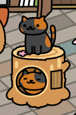 Tree stump-shaped house with one black and brown cat sitting inside, and another black and brown cat sitting on top. The two cats have "flipped" patterns, hence yin and yang.