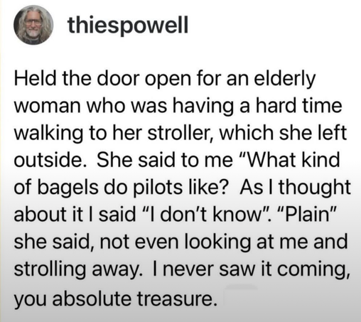 Screenshot
thiespowell writes: 
Held the door open for an elderly woman who was having a hard time walking to her stroller, which she left outside. She said to me "What kind of bagels do pilots like? As I thought about it I said "I don't know". "Plain" she said, not even looking at me and strolling away. I never saw it coming, you absolute treasure.