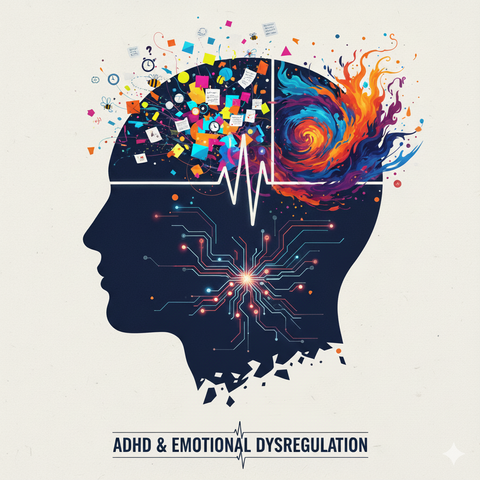The silhouette of a human head displays internal complexity and hyperactivity as a metaphorical representation of ADHD and emotional dysregulation. The right side of the brain is shown as an explosion of a brightly colored, swirling vortex of flames, while the left side is overflowing with countless small, confetti-like elements, notes, and symbols (such as clocks, bees, and question marks) streaming upwards. A glowing, red and blue circuit board pattern is visible in the lower part of the head, traversed by a white, jagged pulse line that connects both brain hemispheres. Below the graphic, the text reads: ADHD & EMOTIONAL DYSREGULATION.

Image is AI generated
