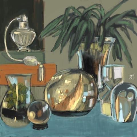 A grouping of objects made of glass, a crystal old fashioned perfume atomizer, a large clear vase with a plant, its leaves bending downwards, an hourglass, a modern sculptural crystal owl, a large resin paperweight with a milkweed pod open inside it, a small beetle encased in resin, a smaller glass vase with a green plant growing in it like a terrarium.  The surface is a teal blue  and the background is colorblocked in a khaki green, black, orange. 
The objects are lit up with warm and cool lights.