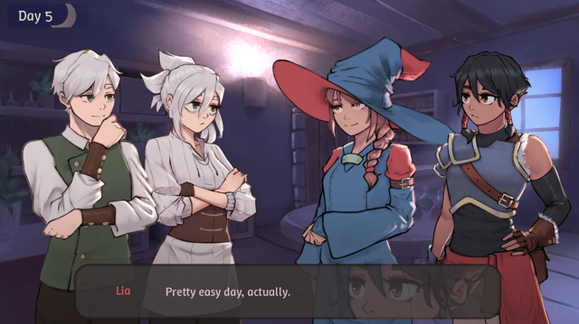 a visual novel screenshot. Four people talk about the day of work gone by.