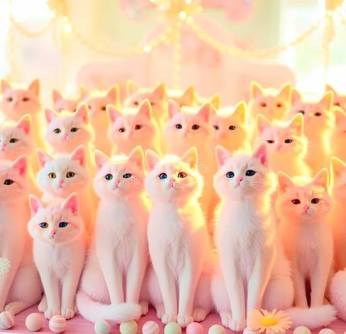 Artwork of Hundreds of beautiful white Kitty's lined up!*& many more lined up behind as far as the eye can see!*As a bright light shines of yellow on them all from the background and it makes a gorgeous setting!