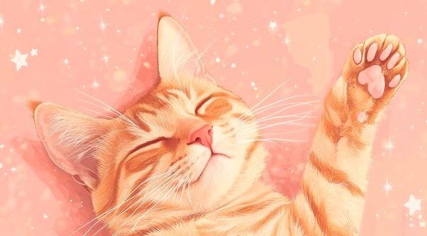 Artwork of a sleeping orange striped Kitty  laying on his back on a pink starry background and it is very cute and lovely
