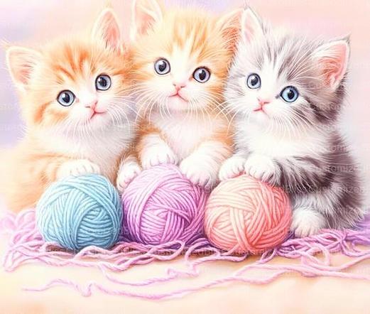 Artwork of three little cute darling kittens with each having thier own balls of yarn to rest thier paws on!*& Done in many gorgeous pastel colors