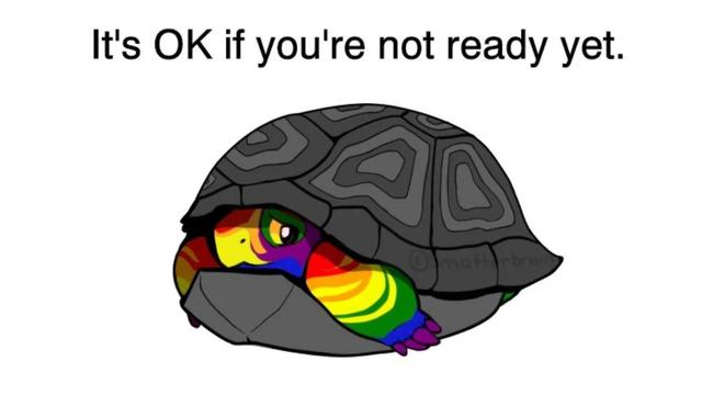 Illustration of a turtle with a rainbow-colored body partially hiding in its shell (we can see its front legs and part of its head peeking out), accompanied by the text "It's OK if you're not ready yet."