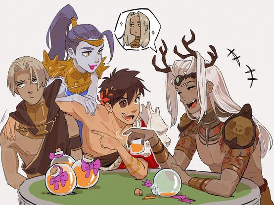 Thanatos, Megaera, Zagreus e Moros di Hades2, art by Hikari Toriumi