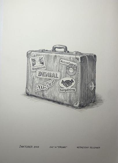 An ink drawing of a suitcase plastered with travel stickers. The destinations are the stages of grief.