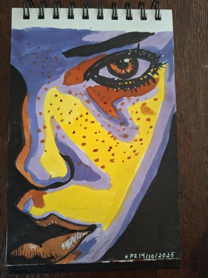 A striking close-up of a face bathed in yellow and violet light. A single amber eye stares out, ringed by deep shadows and intense lashes. Freckles—painted in warm orange—scatter across the cheek like embers on skin. The mouth, half-seen, carries both defiance and quiet sorrow. The composition feels alive, like sunlight fighting its way through bruised clouds.