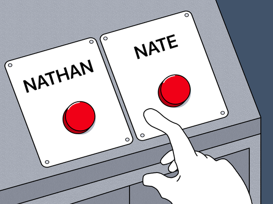 A drawing of the two buttons from the “difficult choice” meme with a gloved hand hovering over them. The choices are “Nathan” or “Nate.”