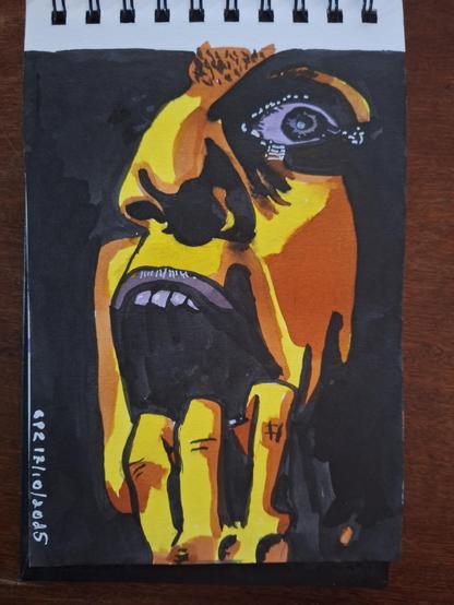 Expressionist portrait made with ink and watercolor, showing a male face in shades of yellow, black, and gray. The gaze is intense and restless, with strong lines and bold contrasts suggesting inner conflict. The watercolor texture creates shimmering areas of light and shadow, while the dark background heightens the feeling of isolation and introspection.