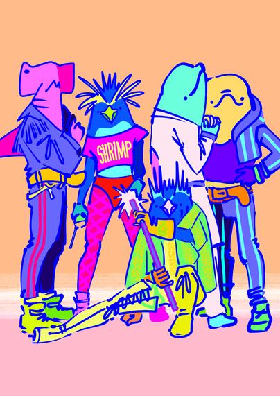 A hammerhead, two penguins, and two beluga posing in outrageous stage costumes. Neon and pastel colors, very garrish.