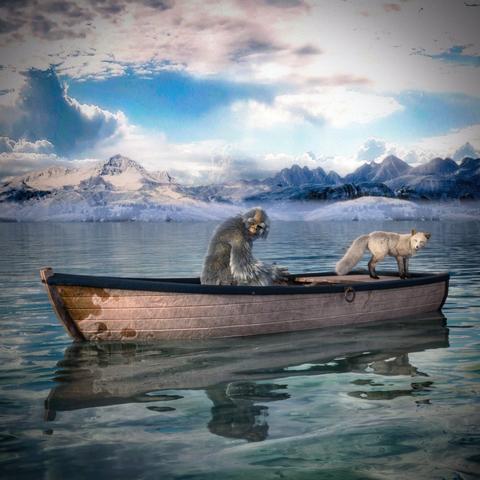 The image depicts a surreal, fantastical scene set on a calm, icy lake surrounded by snow-covered mountains under a partly cloudy sky. In the center of the scene, there’s a small wooden rowboat floating on the water. Inside the boat sit two unusual companions — a large, furry creature resembling a yeti or abominable snowman, and an arctic fox with a pale coat. Both the yeti and the fox are looking directly toward the viewer, creating a sense of awareness and quiet connection. The reflection of both figures and the boat is clearly visible in the still, glassy water, adding to the tranquil and otherworldly atmosphere of the image.