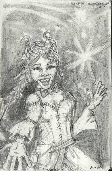 A cheerful tiefling is holding her hands open and a sparkle of magic is flowing out of her hands.