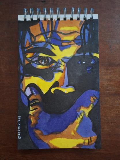 Hand-painted self-portrait made with ink and watercolor on paper. The face appears in close-up, with fragmented lines and strong contrasts of blue, yellow, orange, and black. The gaze is deep, melancholic, and alert, surrounded by dark lines that resemble threads or cracks. The partially covered mouth suggests introspection, silence, or shock. The colors vibrate as if light and shadow were wrestling for the same space.