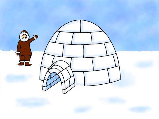 A drawing of an igloo on a wide-open frozen plain. An Eskimo stands in the distance, waving.