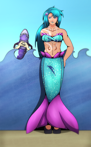 A woman with long blue hair wearing a mermaid costume/dress. In the background is a boy holding up a black cat dressed in a shark costume behind the waves.