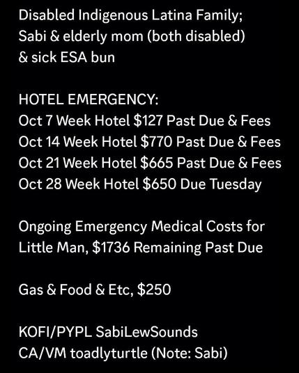 Disabled Indigenous Latina Family;
Sabi & elderly mom (both disabled)
& sick ESA bun

HOTEL EMERGENCY:
Oct 7 Week Hotel $127 Past Due & Fees
Oct 14 Week Hotel $770 Past Due & Fees
Oct 21 Week Hotel $665 Past Due & Fees
Oct 28 Week Hotel $650 Due Tuesday

Ongoing Emergency Medical Costs for
Little Man, $1736 Remaining Past Due

Gas & Food & Etc, $250

KOFI/PYPL SabiLewSounds
CA/VM toadlyturtle (Note: Sabi)