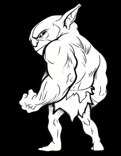 Black and white line art drawing of a thick shouldered and powerful looking goblin as it turns to look over one shoulder at the viewer. Art by mrlich.