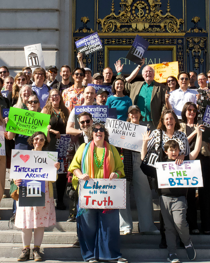 Joyous crowd gathered on the steps of San Francisco City Hall celebrating the Internet Archive.