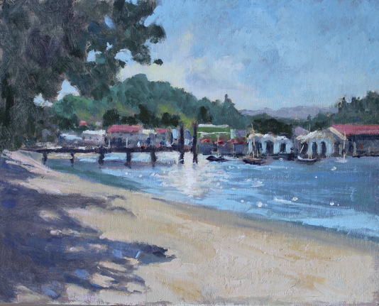 Oil painting of the late summer sun, dancing across the water with a marina in the distance and dappled light and shade on the near shore
