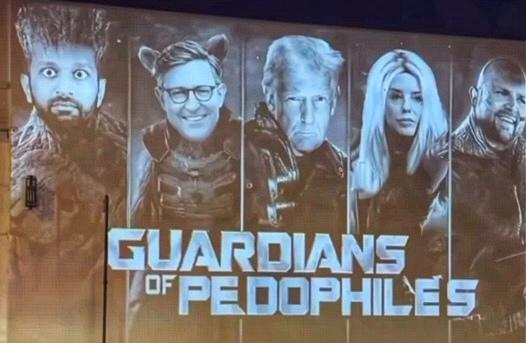 Los Angeles street art depicting Trump & his cronies as Guardians of Pedophiles parodying the Guardians Of The Galaxy.