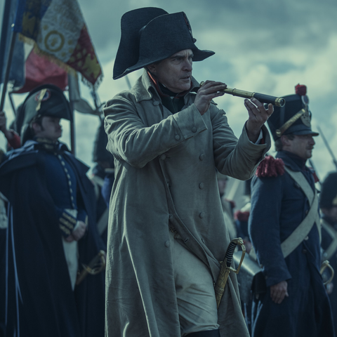 Joaquin Phoenix as Napoleon, with a telescope, surrounded by soldiers