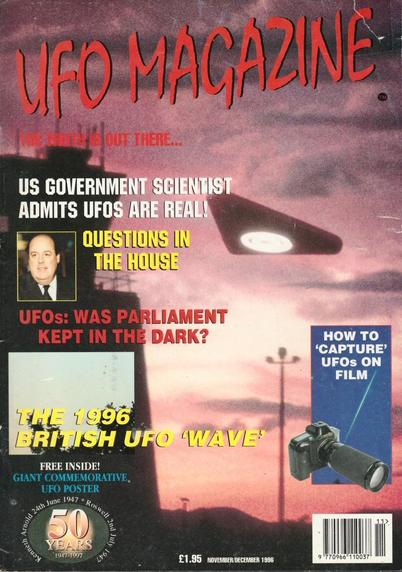The front cover of UFO Magazine for November-December 1996, with title in red and a colour photo which purports to show a deltavolant UFO with a large circular white light on the underside. The front cover of UFO Magazine for November-December 1996, with title in red and a colour photo which purports to show a deltavolant UFO with a large circular white light on the underside.