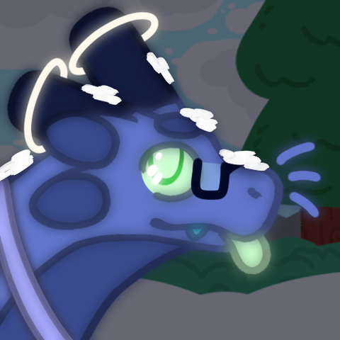 a drawing of a juvenile blue colored dragon. they have small piles of snow on them.