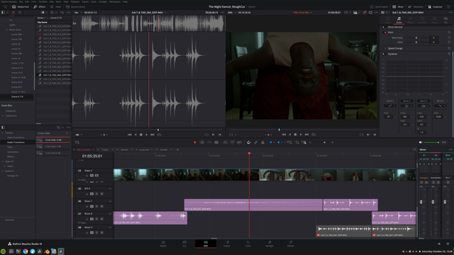 Screenshot of Davinci Resolve video editor, showing sound files - audio wave forms very prominent, with audio tracks as well. There is a frame from a video, of an African woman seemingly upside down.