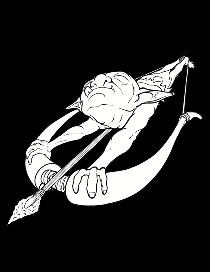 Black and white line drawing of a goblin mishandling a bow and arrow. The goblin has placed its entire body within the drawn bow along with the arrow. When he looses the string… things won’t go well for him. Art by mrlich.