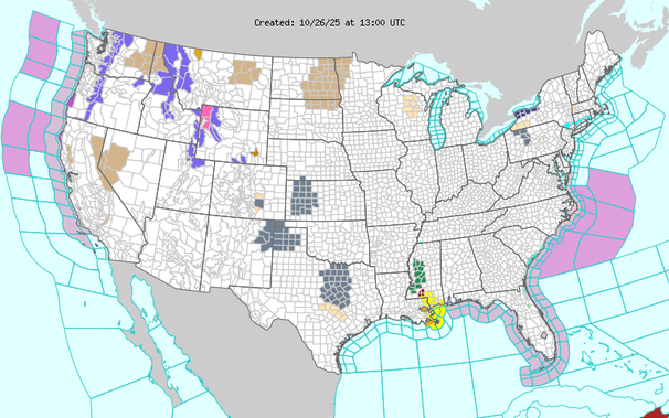 Short Range Forecast Discussion
NWS Weather Prediction Center College Park MD
354 AM EDT Sun Oct 26 2025
Valid 12Z Sun Oct 26 2025 - 12Z Tue Oct 28 2025
...Pacific storm system continues to bring lower elevation rain and
hazardous mountain snow to the northwestern U.S...
...Showers and thunderstorms continue ahead of a system moving through the
Southeast Sunday with some scattered flash flooding possible along the
central Gulf Coast...
...Coastal storm to generate periods of rain and thunderstorms in the
Southeast on Monday...
A storm system moving through the northwestern U.S. will continue to bring
lower elevation coastal/valley rain and hazardous high elevation snow
through Sunday. A cold front passage has brought cooler, drier air with
more moderate rainfall totals expected compared to the prior days fueled
by an Atmospheric River. Additional locally heavy snowfall can be expected
through the Cascades and ranges of the northern Great Basin/Rockies with
snow lingering longest into Monday for the northern Rockies. Some snow may
mix in for the higher mountain valleys of the northern Rockies but little
to no accumulation is expected. Gusty winds and high surf along the
Pacific coast will also remain possible. Initially light showers over the
northern High Plains Sunday will expand in coverage across the northern
Plains and Upper Midwest on Monday as the storm system continues east.
Some more moderate rainfall totals will be possible along with gusty
winds.
To the sout Short Range Forecast Discussion
NWS Weather Prediction Center College Park MD
354 AM EDT Sun Oct 26 2025
Valid 12Z Sun Oct 26 2025 - 12Z Tue Oct 28 2025
...Pacific storm system continues to bring lower elevation rain and
hazardous mountain snow to the northwestern U.S...
...Showers and thunderstorms continue ahead of a system moving through the
Southeast Sunday with some scattered flash flooding possible along the
central Gulf Coast...
...Coastal storm to generate periods of rain and thunderstorms in the
Southeast on Monday...
A storm system moving through the northwestern U.S. will continue to bring
lower elevation coastal/valley rain and hazardous high elevation snow
through Sunday. A cold front passage has brought cooler, drier air with
more moderate rainfall totals expected compared to the prior days fueled
by an Atmospheric River. Additional locally heavy snowfall can be expected
through the Cascades and ranges of the northern Great Basin/Rockies with
snow lingering longest into Monday for the northern Rockies. Some snow may
mix in for the higher mountain valleys of the northern Rockies but little
to no accumulation is expected. Gusty winds and high surf along the
Pacific coast will also remain possible. Initially light showers over the
northern High Plains Sunday will expand in coverage across the northern
Plains and Upper Midwest on Monday as the storm system continues east.
Some more moderate rainfall totals will be possible along with gusty
winds.
To the sout