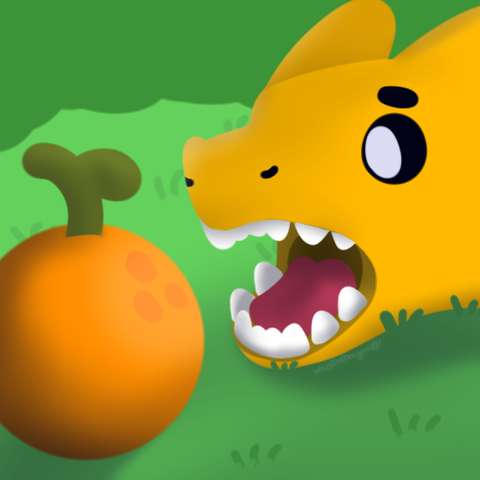 a drawing of a yellow dragon on the grass with their mouth open in front of an orange.