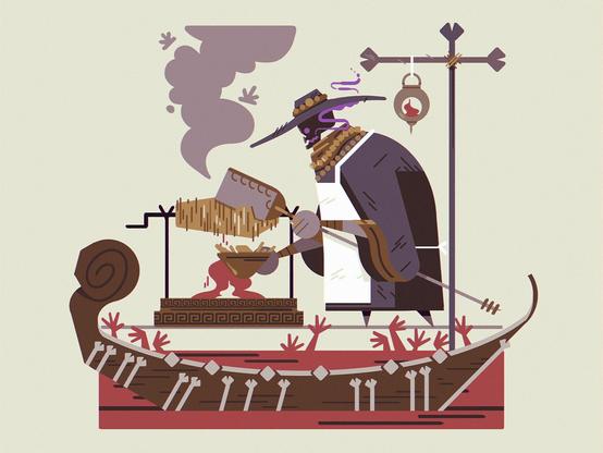 2020 illustration of Charon from Supergiants Hades slicing gyro meat