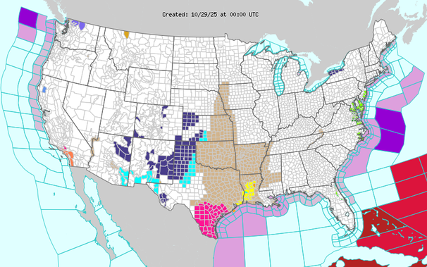 Short Range Forecast Discussion
NWS Weather Prediction Center College Park MD
410 PM EDT Tue Oct 28 2025
Valid 00Z Wed Oct 29 2025 - 00Z Fri Oct 31 2025
...There is a Slight Risk of severe thunderstorms over parts of the
Central/Western Gulf Coast on Tuesday...
...Light snow over parts of the northern Cascades, and Northern Rockies
overnight Tuesday into Wednesday...
Low pressure off the Carolina Coast lingers over the area through
Wednesday evening. The system produces rain over parts of the
Mid-Atlantic/Southeast through Wednesday evening. In addition, a front
over the Middle/Lower Mississippi Valley will move eastward to the
Southeast and absorb the low off the Carolina Coast by Thursday.
Moisture streaming off the Gulf will aid in producing showers and severe
thunderstorms over parts of the Central/Western Gulf Coast on Tuesday
evening. Therefore, the SPC has issued a Slight Risk (level 2/5) of severe
thunderstorms over parts of the Central/Western Gulf Coast through
Wednesday morning. The hazards associated with these thunderstorms are
frequent lightning, severe thunderstorm wind gusts, hail, and a few
tornadoes.
As the front moves eastward, rain will move into the Ohio Valley and the
Central/Southern Appalachians on early Wednesday. Rain will also expand
into the Lower Great Lakes and parts of the Northeast by Thursday.
Meanwhile, a front moves onshore over the Pacific Northwest overnight
Tuesday, traveling to the Upper Mississippi Valley, Central Plains, and Short Range Forecast Discussion
NWS Weather Prediction Center College Park MD
410 PM EDT Tue Oct 28 2025
Valid 00Z Wed Oct 29 2025 - 00Z Fri Oct 31 2025
...There is a Slight Risk of severe thunderstorms over parts of the
Central/Western Gulf Coast on Tuesday...
...Light snow over parts of the northern Cascades, and Northern Rockies
overnight Tuesday into Wednesday...
Low pressure off the Carolina Coast lingers over the area through
Wednesday evening. The system produces rain over parts of the
Mid-Atlantic/Southeast through Wednesday evening. In addition, a front
over the Middle/Lower Mississippi Valley will move eastward to the
Southeast and absorb the low off the Carolina Coast by Thursday.
Moisture streaming off the Gulf will aid in producing showers and severe
thunderstorms over parts of the Central/Western Gulf Coast on Tuesday
evening. Therefore, the SPC has issued a Slight Risk (level 2/5) of severe
thunderstorms over parts of the Central/Western Gulf Coast through
Wednesday morning. The hazards associated with these thunderstorms are
frequent lightning, severe thunderstorm wind gusts, hail, and a few
tornadoes.
As the front moves eastward, rain will move into the Ohio Valley and the
Central/Southern Appalachians on early Wednesday. Rain will also expand
into the Lower Great Lakes and parts of the Northeast by Thursday.
Meanwhile, a front moves onshore over the Pacific Northwest overnight
Tuesday, traveling to the Upper Mississippi Valley, Central Plains, and