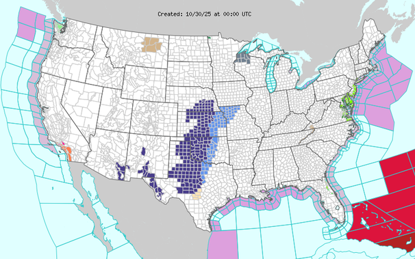 Short Range Forecast Discussion
NWS Weather Prediction Center College Park MD
302 PM EDT Wed Oct 29 2025
Valid 00Z Thu Oct 30 2025 - 00Z Sat Nov 01 2025
...Rain to move northward from the Mid-Atlantic/Ohio Valley to the
Northeast...
...Light rain to move into the Northwest on Friday...
Low pressure over the Tennessee Valley will move northward to the
Northeast by Friday morning. The system will produce rain over parts of
the Mid-Atlantic/Tennessee Valley, which will move into the Northeast/Ohio
Valley by Thursday morning. The rain ends over the Appalachians by Friday
morning, while rain continues over the Northeast through Friday evening.
Upper-level energy associated with a front over the Upper Mississippi
Valley will move eastward over the Great Lakes, producing light rain over
the Northern Plains/Upper Mississippi Valley overnight Thursday and expand
into the Great Lakes on Friday.
Meanwhile, a front moving onshore over the Pacific Northwest on Friday
will produce light rain over the Pacific Northwest by Friday morning and
expand into the Northern Intermountain Region by Friday evening.
Additionally, high pressure over South-Central Canada will move over the
Northern Plains by Friday evening.
Ziegenfelder
Graphics available at
https://www.wpc.ncep.noaa.gov/basicwx/basicwx_ndfd.php Short Range Forecast Discussion
NWS Weather Prediction Center College Park MD
302 PM EDT Wed Oct 29 2025
Valid 00Z Thu Oct 30 2025 - 00Z Sat Nov 01 2025
...Rain to move northward from the Mid-Atlantic/Ohio Valley to the
Northeast...
...Light rain to move into the Northwest on Friday...
Low pressure over the Tennessee Valley will move northward to the
Northeast by Friday morning. The system will produce rain over parts of
the Mid-Atlantic/Tennessee Valley, which will move into the Northeast/Ohio
Valley by Thursday morning. The rain ends over the Appalachians by Friday
morning, while rain continues over the Northeast through Friday evening.
Upper-level energy associated with a front over the Upper Mississippi
Valley will move eastward over the Great Lakes, producing light rain over
the Northern Plains/Upper Mississippi Valley overnight Thursday and expand
into the Great Lakes on Friday.
Meanwhile, a front moving onshore over the Pacific Northwest on Friday
will produce light rain over the Pacific Northwest by Friday morning and
expand into the Northern Intermountain Region by Friday evening.
Additionally, high pressure over South-Central Canada will move over the
Northern Plains by Friday evening.
Ziegenfelder
Graphics available at
https://www.wpc.ncep.noaa.gov/basicwx/basicwx_ndfd.php